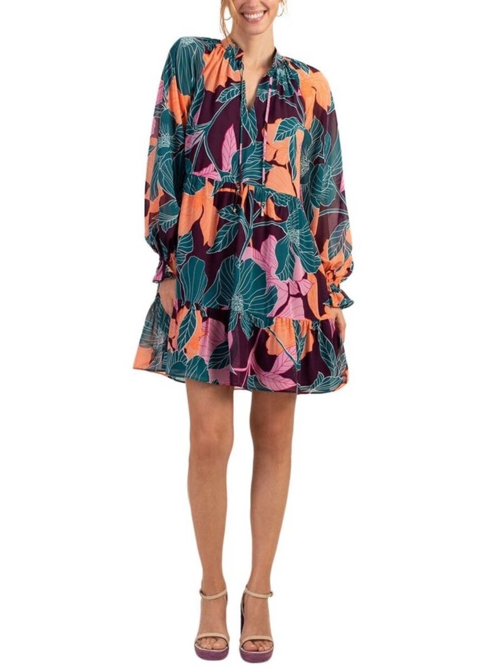 Trina Turk Floral Tiered Mini Dress in Teal, Coral & Pink